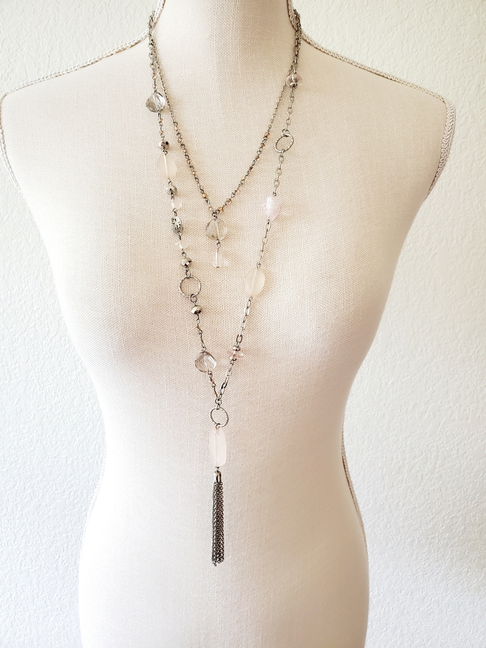Nicole Miller Silver-Tone Long Layered Necklace with Clear and Light Pink Beads